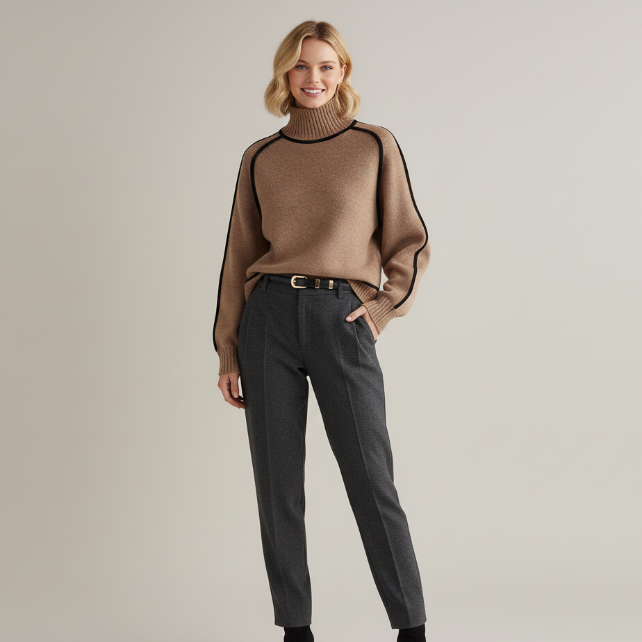 Women’s Oversized Turtleneck Sweater with Contrast Trim