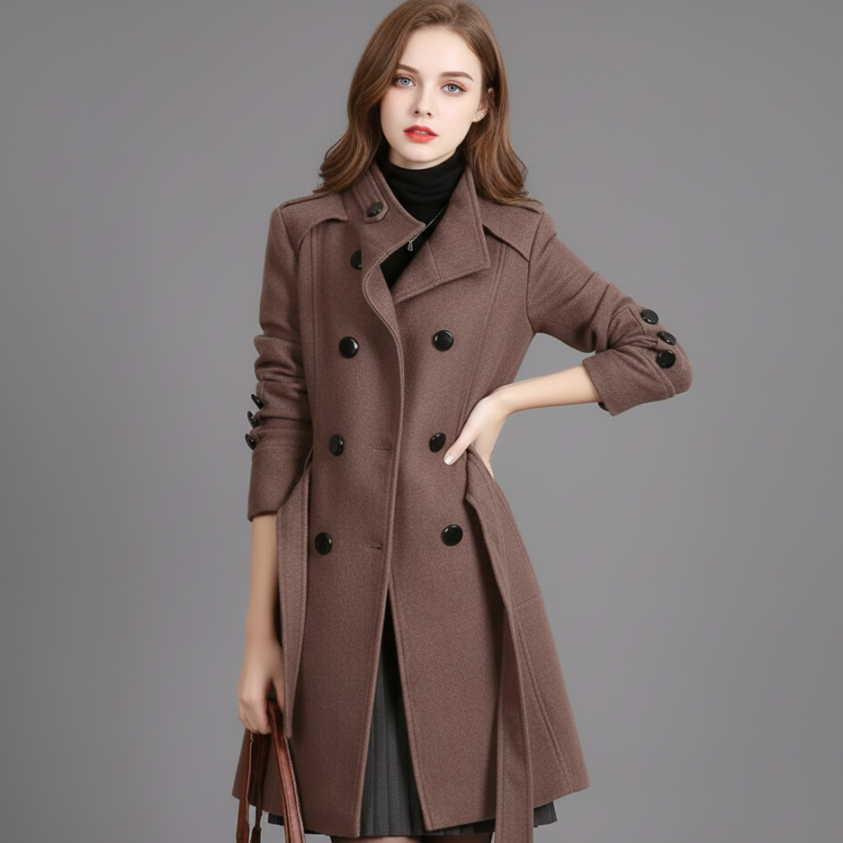 Women’s Double-Breasted Knee-Length Wool Blend Trench Coat