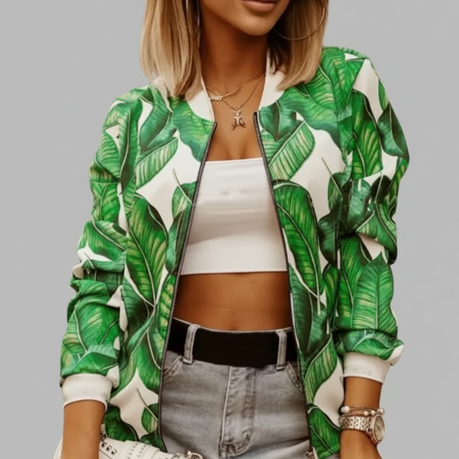 Women’s Blue Floral Bomber Jacket Zip-Up