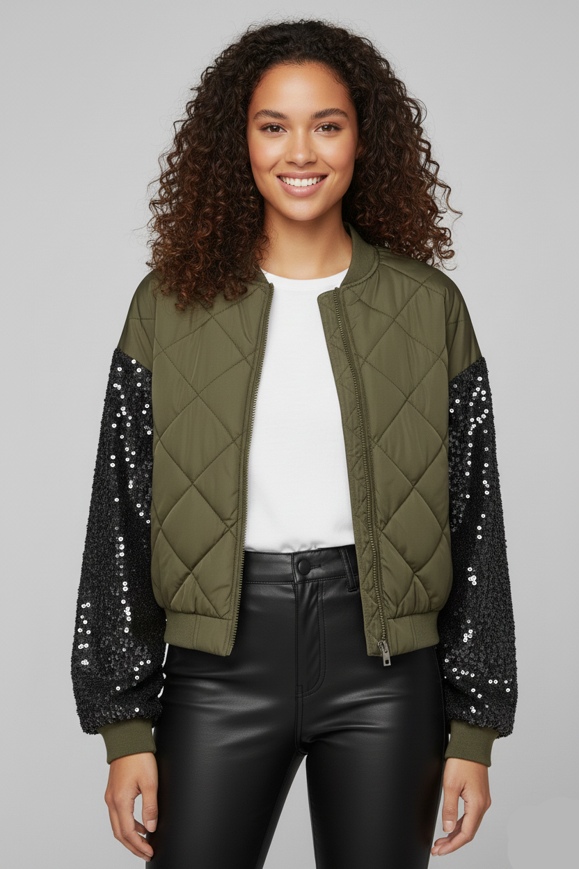 Quilted Short Jacket with Sequin Sleeves