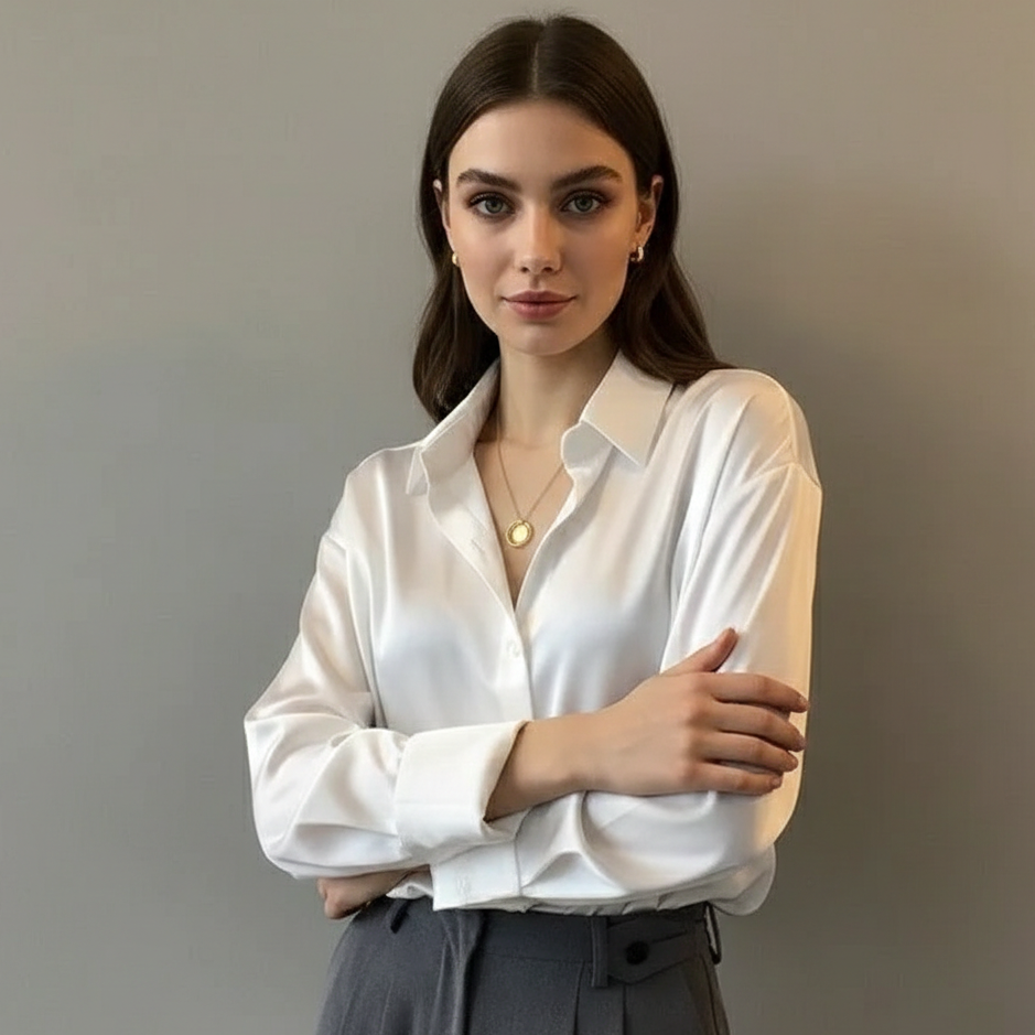 Kelsey | Women's White Satin Blouse with Classic Button