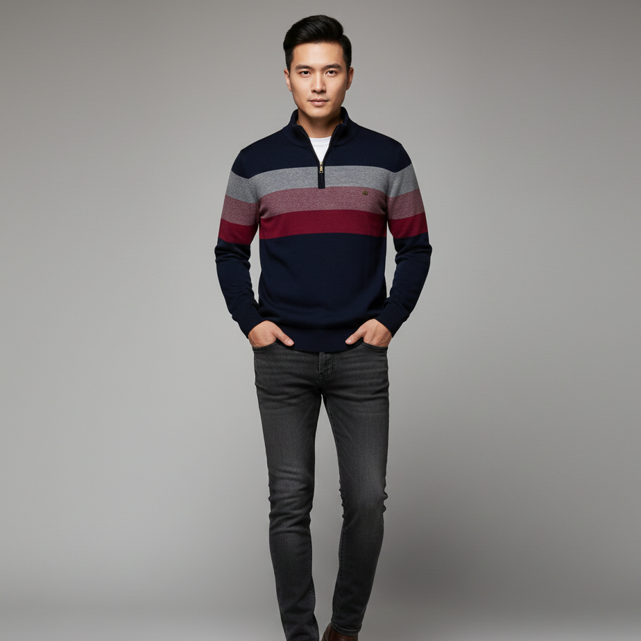 Men’s Slim Fit Striped Quarter-Zip Knit Jumper