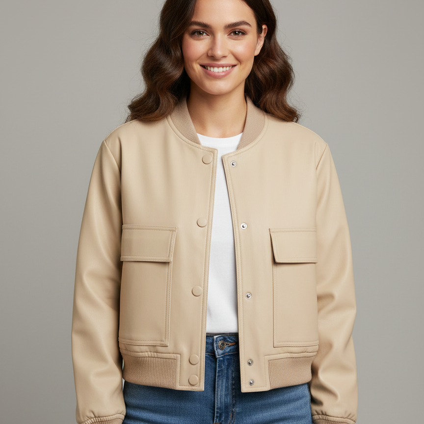 Women’s Cropped Bomber Jacket with Front Lap Pocket