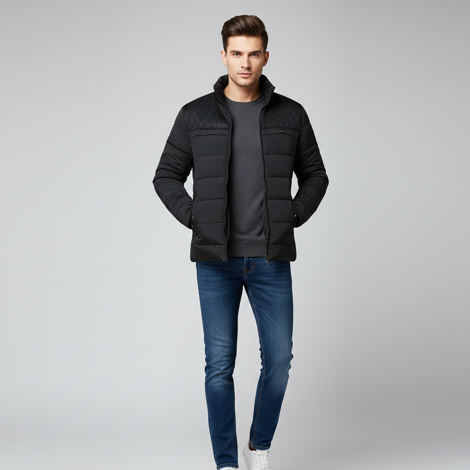 Men’s Winter Jacket with Stand Collar and Zip Pockets