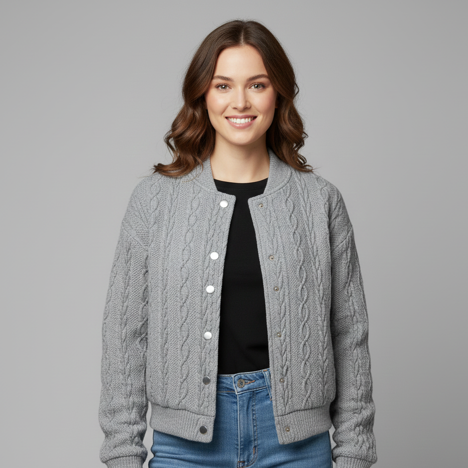 Women’s Quilted Knit Bomber Jacket Button-Up