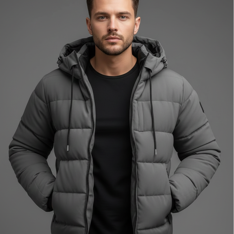 Men’s Hooded Winter Jacket with Zip Closure