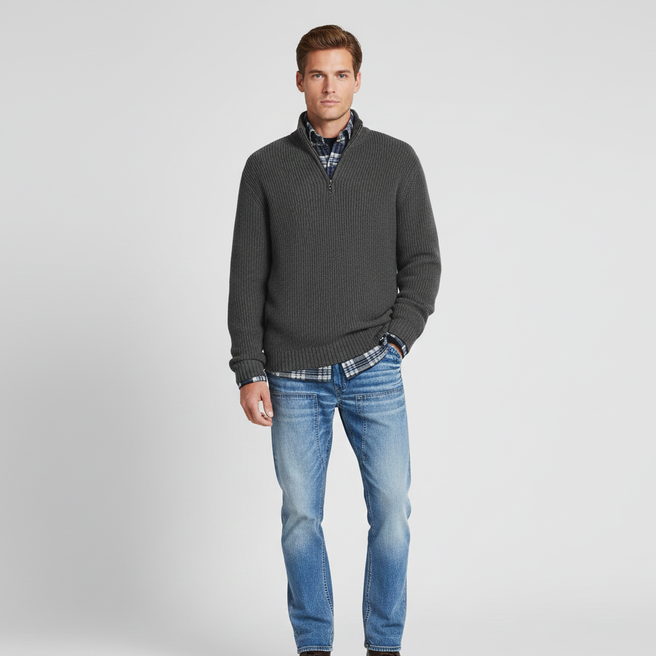 Men’s Ribbed Half-Zip Knit Jumper with Stand Collar