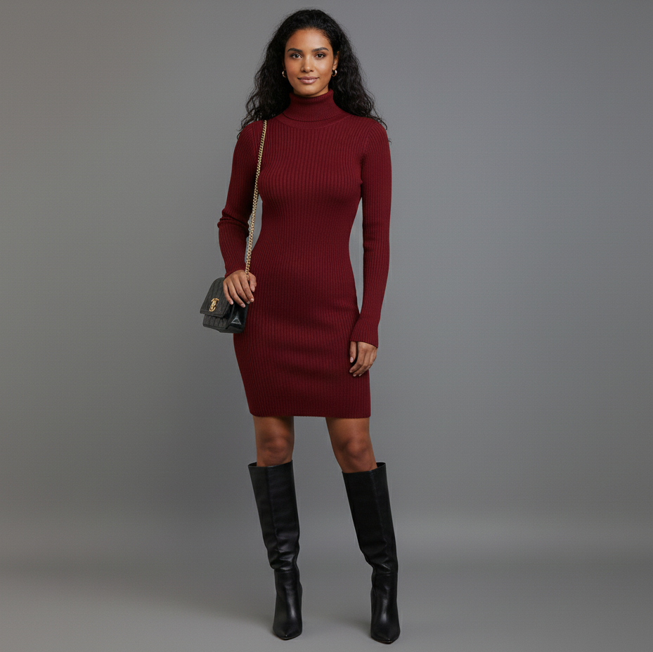 Women’s Ribbed Knit Turtleneck Slim Mini Dress
