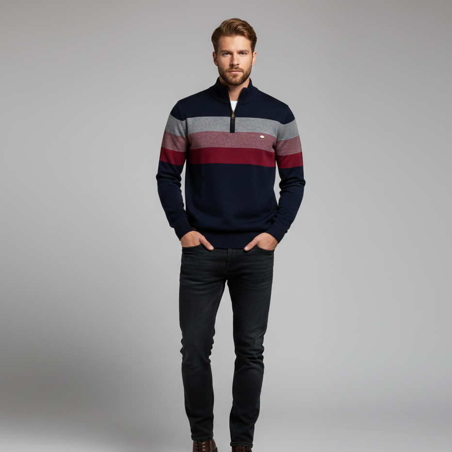 Men’s Slim Fit Striped Quarter-Zip Knit Jumper