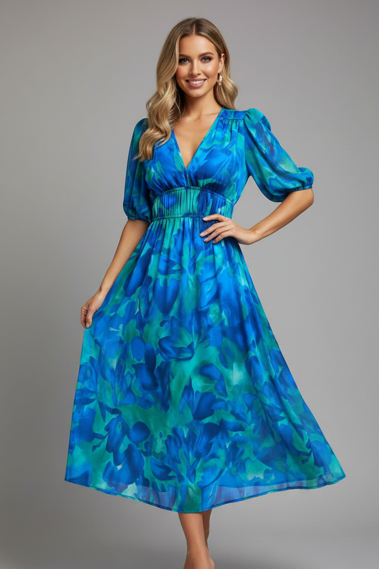 Roxanne | Women's Floral Midi Dress with Puff Sleeves