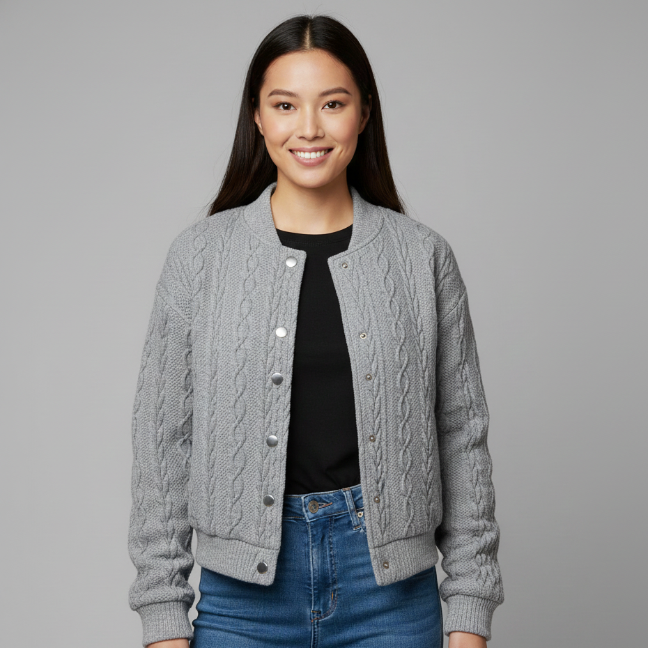 Women’s Quilted Knit Bomber Jacket Button-Up