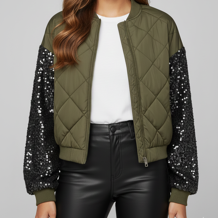 Quilted Short Jacket with Sequin Sleeves