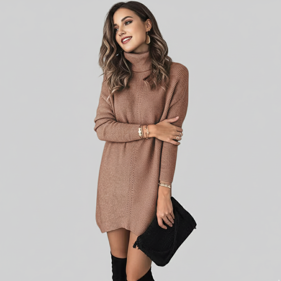 Women’s Ribbed Knit Relaxed Turtleneck Midi Dress