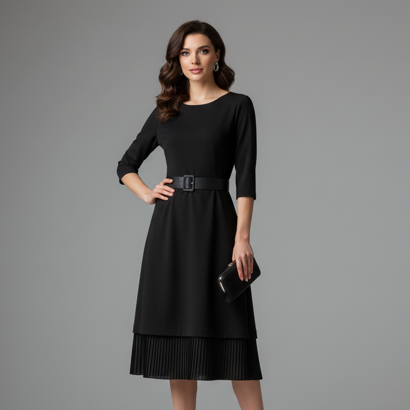 Women’s Belted Long Sleeve Midi Dress – Bella Collection