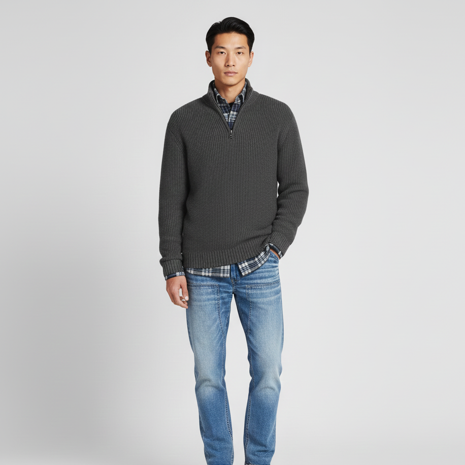 Men’s Ribbed Half-Zip Knit Jumper with Stand Collar