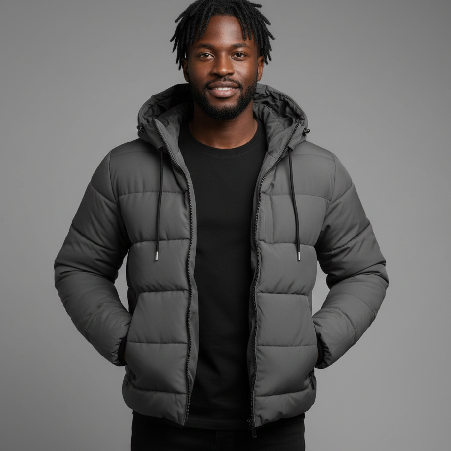 Men’s Hooded Winter Jacket with Zip Closure