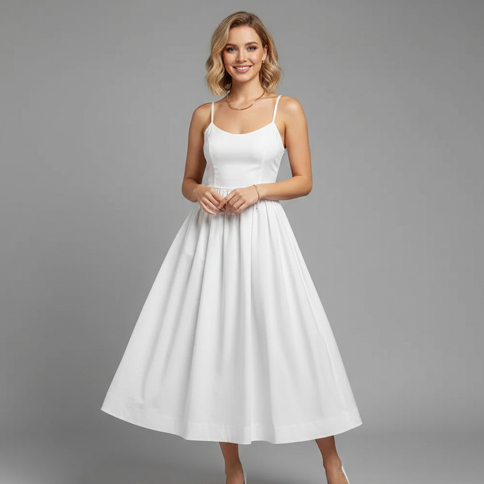Shelby | White Midi Dress with Flattering A-Line Skirt