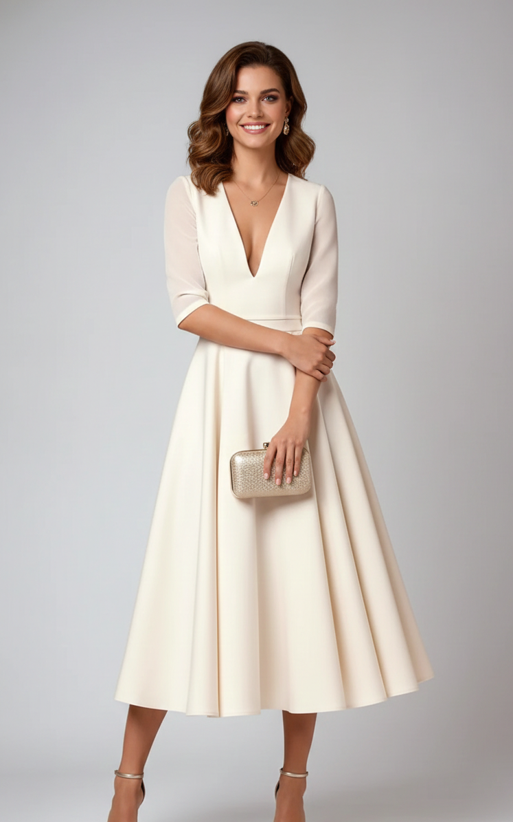 Shirley | Elegant Flared Midi Wedding Guest Dress