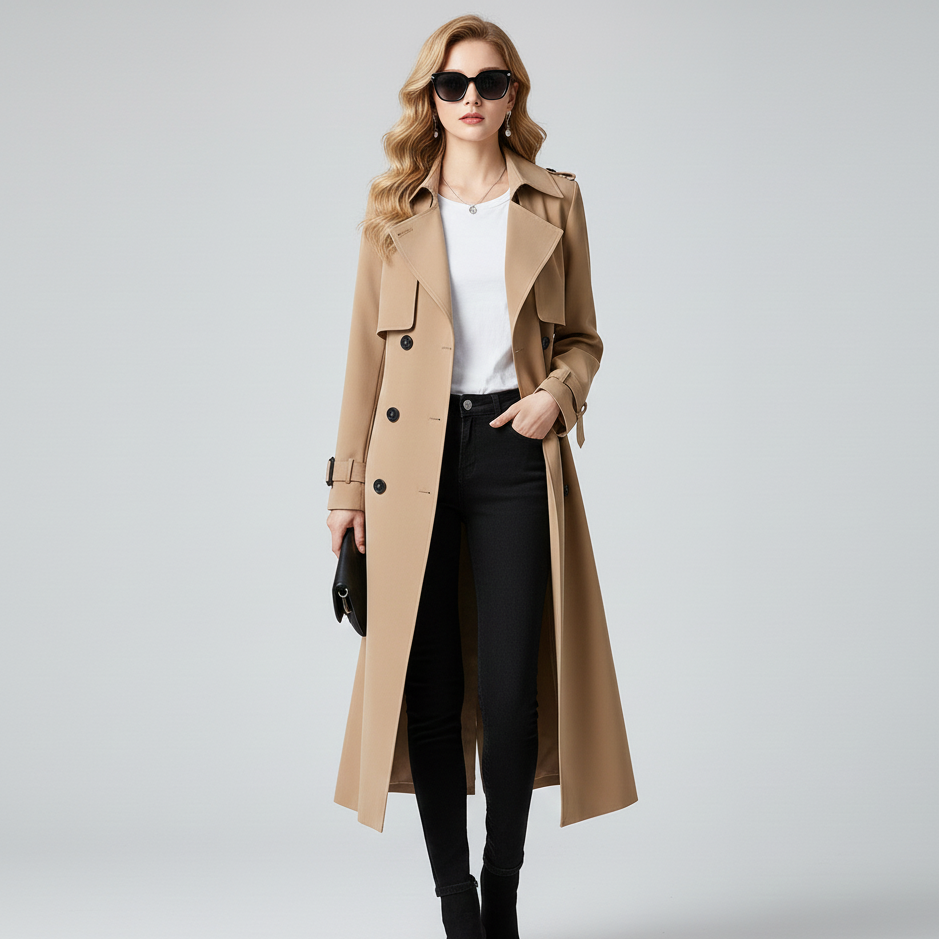 Women’s Full-Length Trench Coat with Belted Waist
