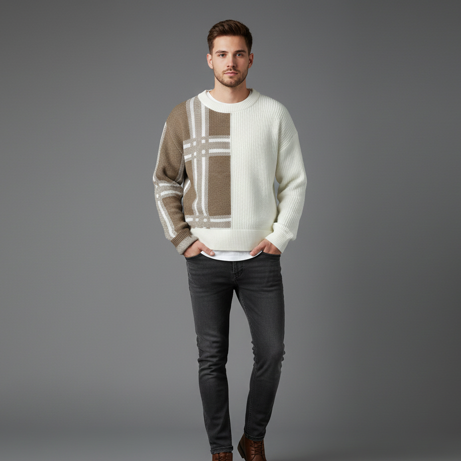 Men’s Patchwork Crew Neck Knit Jumper