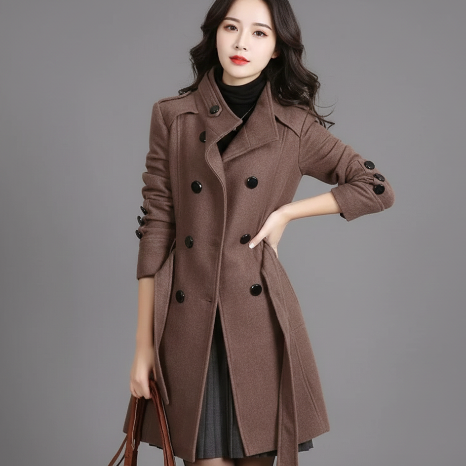 Women’s Double-Breasted Knee-Length Wool Blend Trench Coat