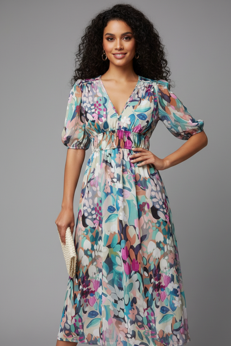Roxanne | Women's Floral Midi Dress with Puff Sleeves
