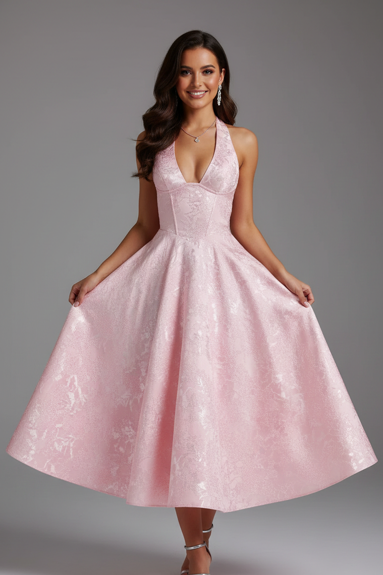 Sarah | Elegant Halter Midi Wedding Guest Dress