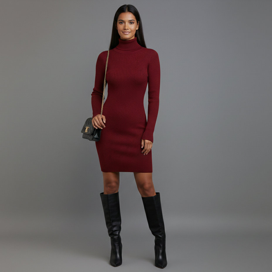 Women’s Ribbed Knit Turtleneck Slim Mini Dress