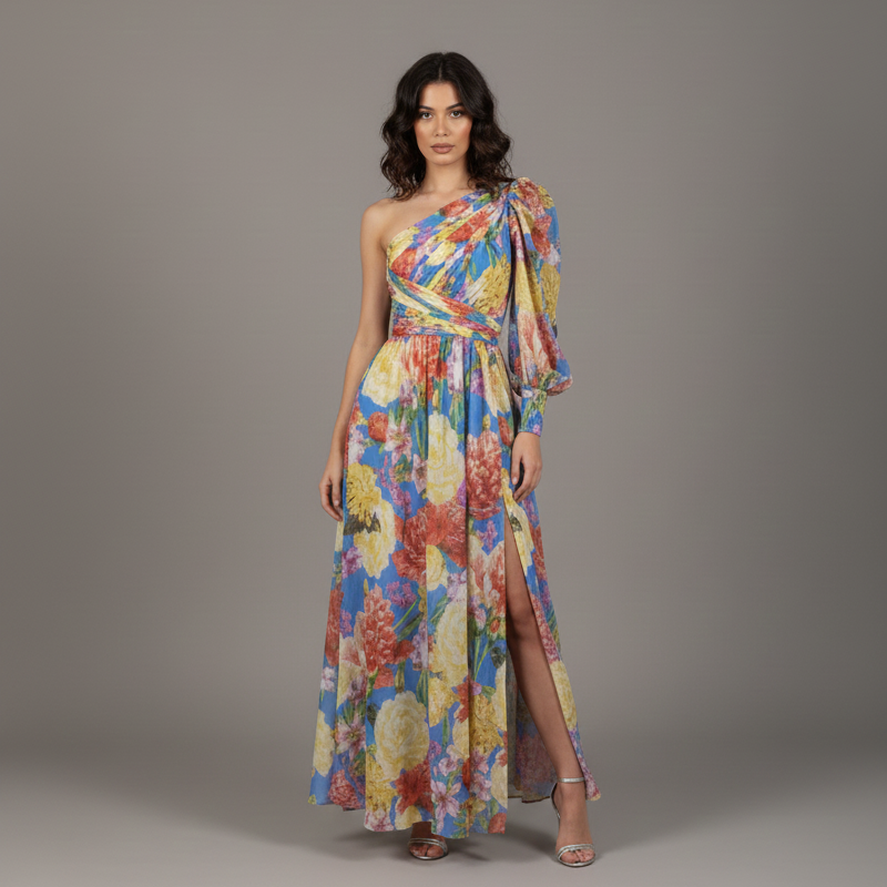 Emily | Elegant Floral One Shoulder Maxi Dress