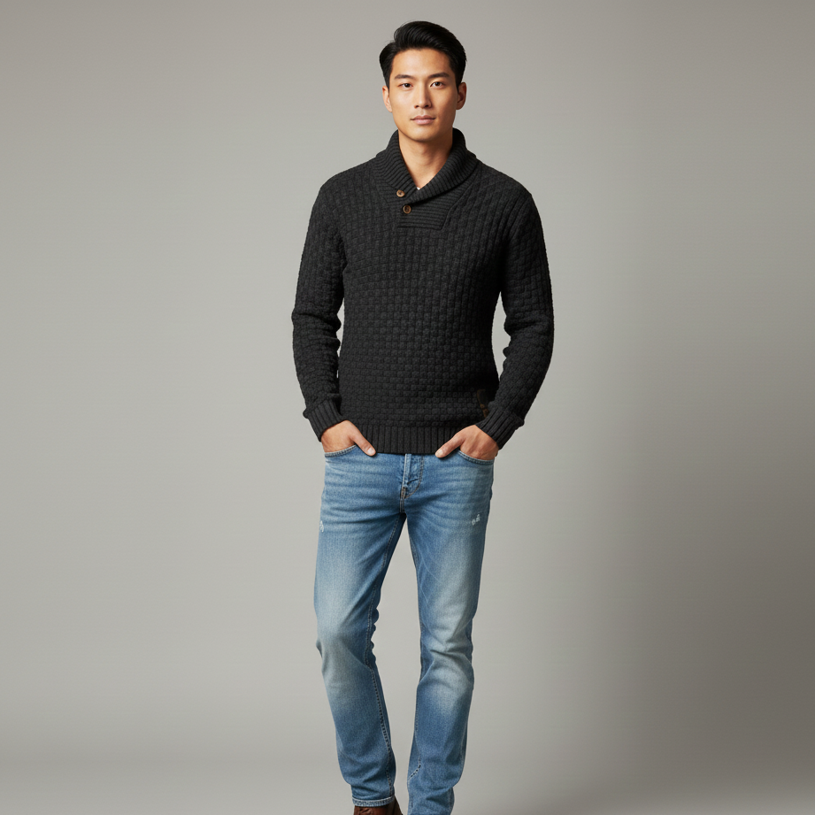 Men’s Textured Knit Jumper with Shawl Collar