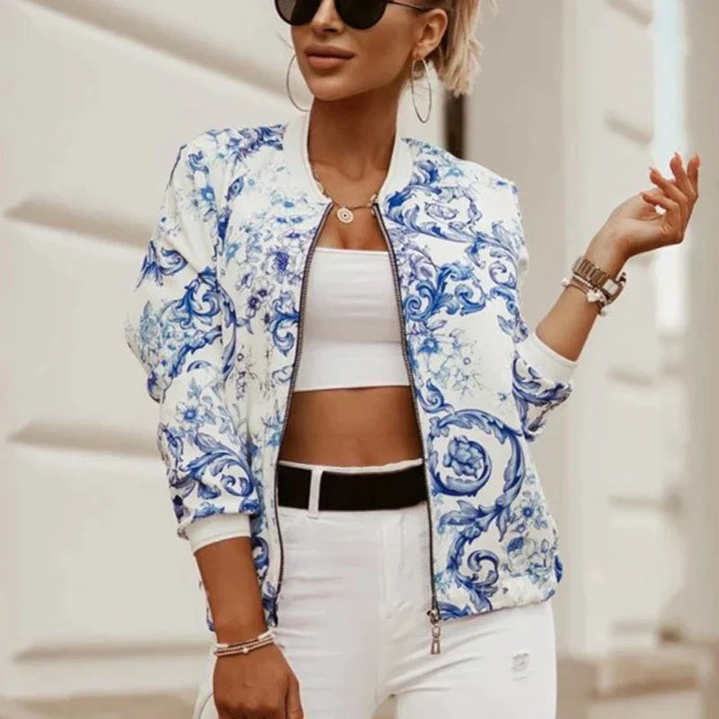 Women’s Blue Floral Bomber Jacket Zip-Up