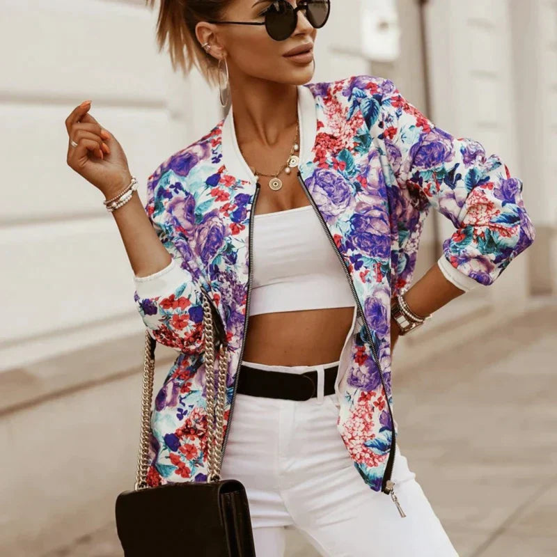 Women’s Blue Floral Bomber Jacket Zip-Up