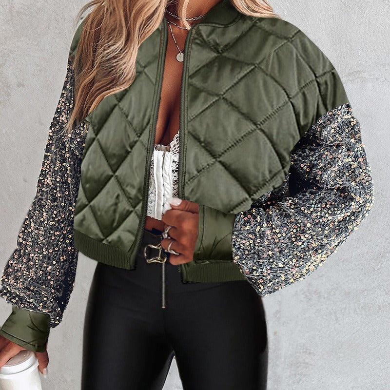 Quilted Short Jacket with Sequin Sleeves