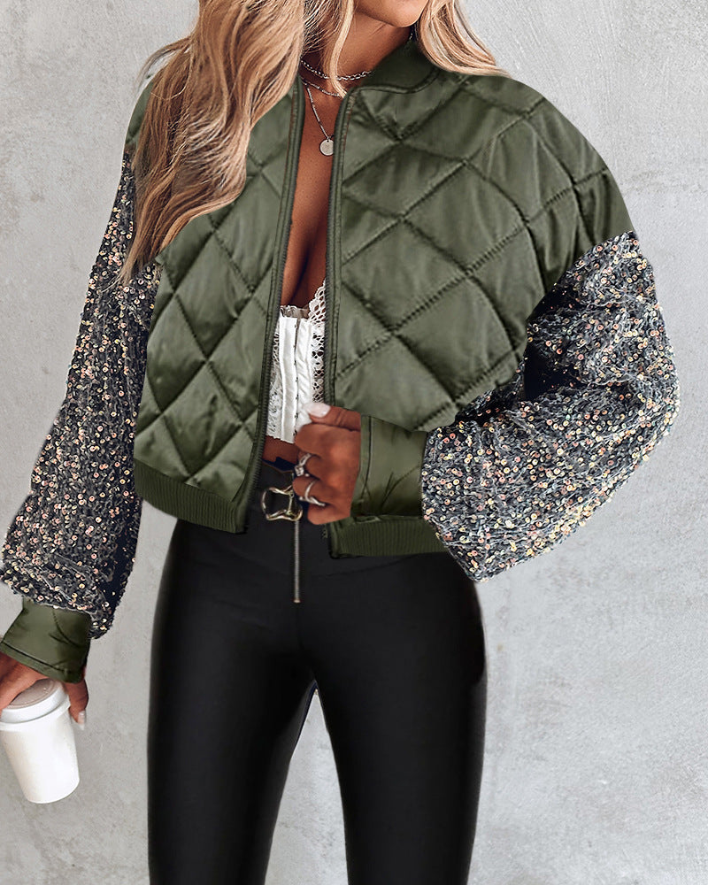 Quilted Short Jacket with Sequin Sleeves