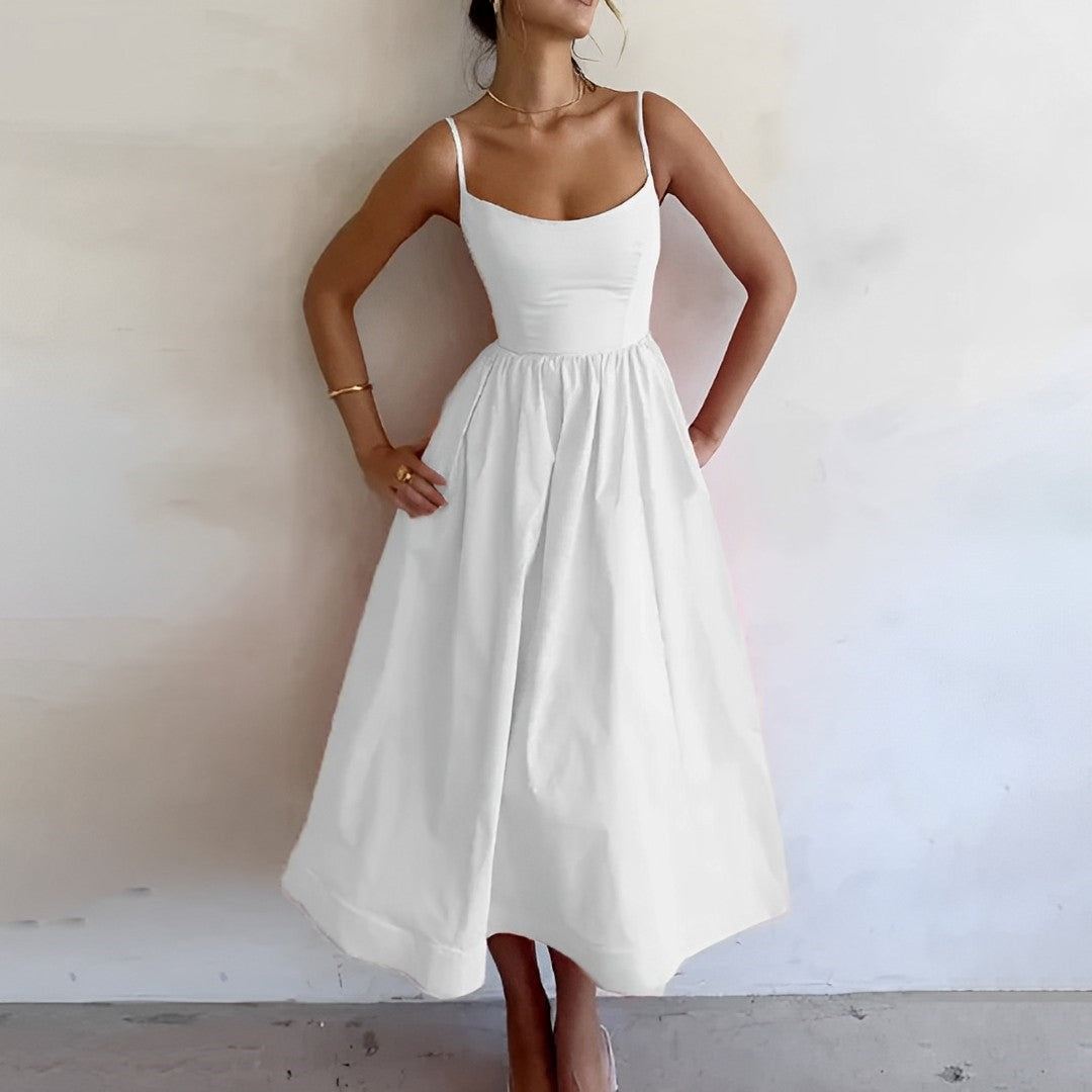 Michele | White Midi Dress with Flattering A-Line Skirt & Sleeveless Design 0