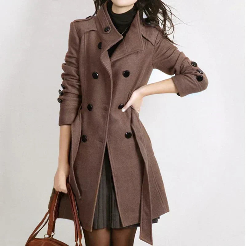 Women’s Double-Breasted Knee-Length Wool Blend Trench Coat