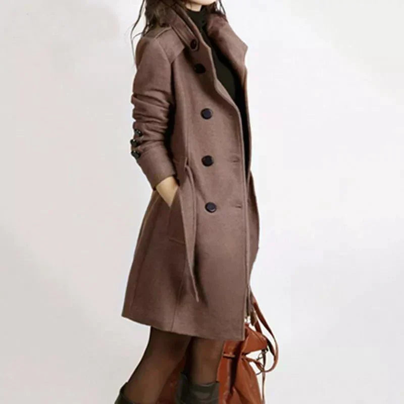 Women’s Double-Breasted Knee-Length Wool Blend Trench Coat