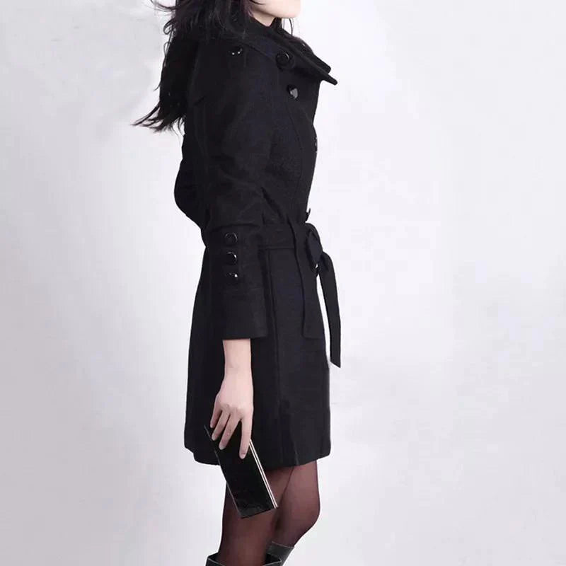 Women’s Double-Breasted Knee-Length Wool Blend Trench Coat