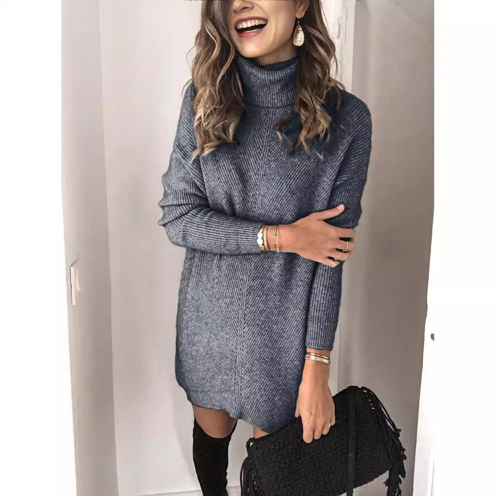 Women’s Ribbed Knit Relaxed Turtleneck Midi Dress