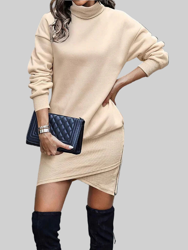 Women’s High-Collar Asymmetric Hem Sweater Dress