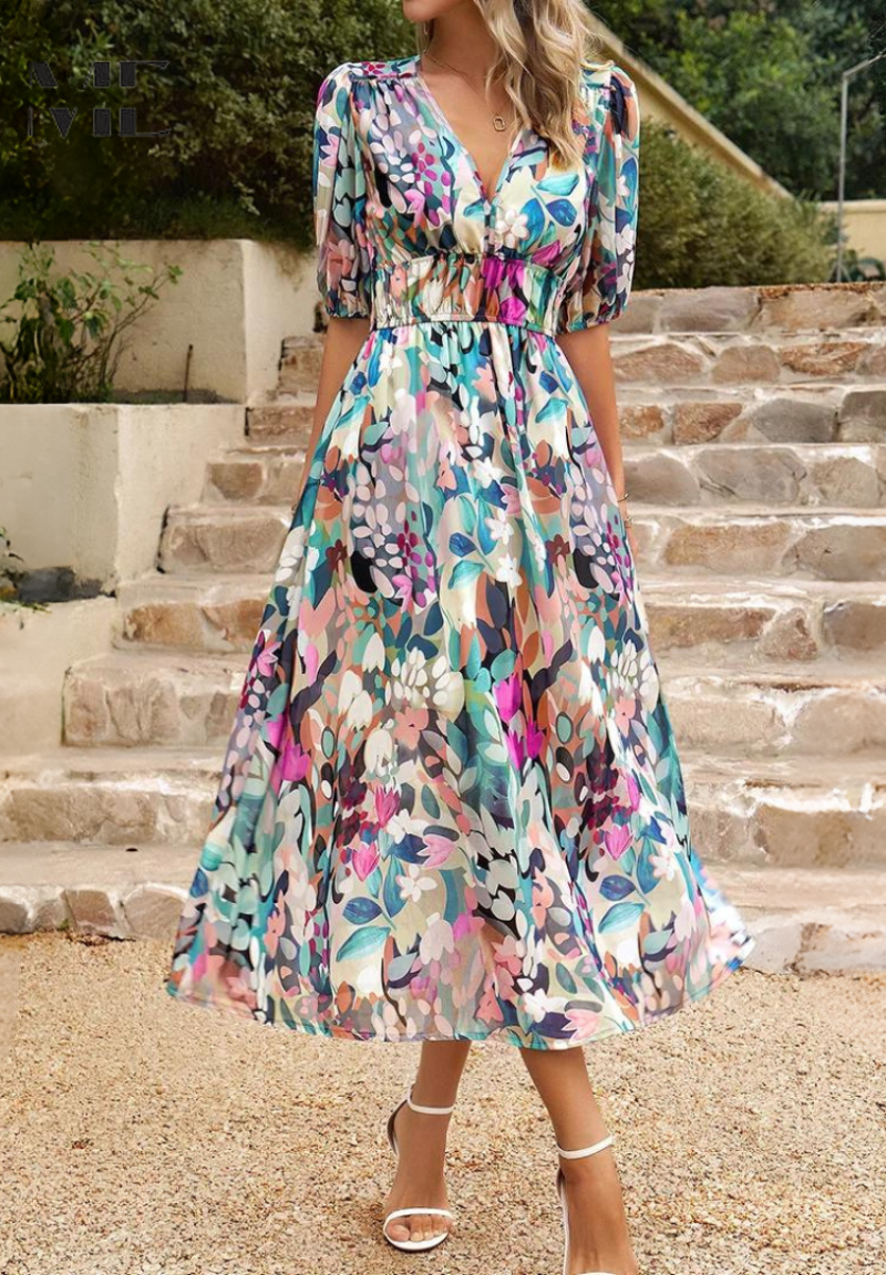 Roxanne Collection | Women's Floral Midi Dress with Puff Sleeves 3