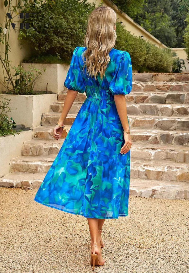 Roxanne Collection | Women's Floral Midi Dress with Puff Sleeves 6