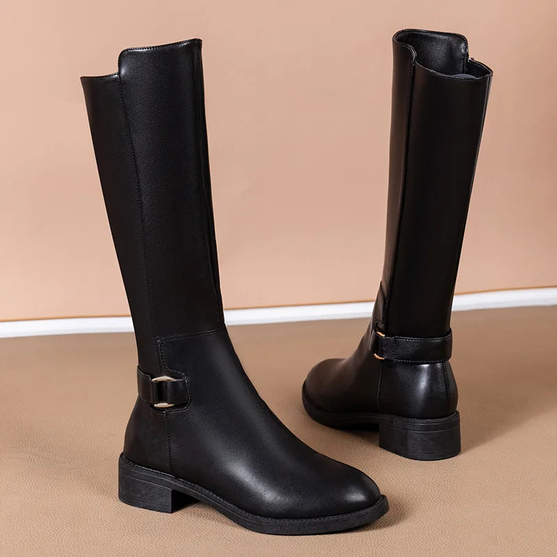 Women’s Black Knee High Boots with Buckle