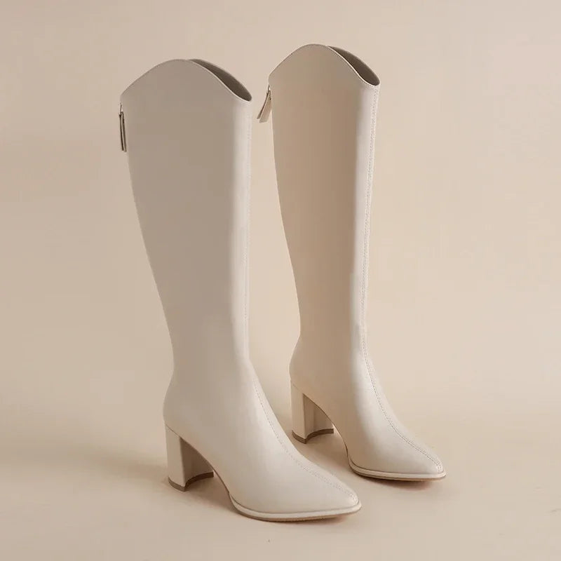 Women’s Knee High Boots with Block Heel and Side Zip