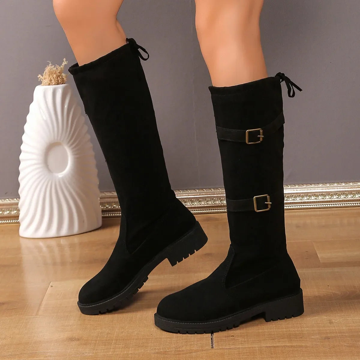 Women’s Low Heel Black Knee High Boots