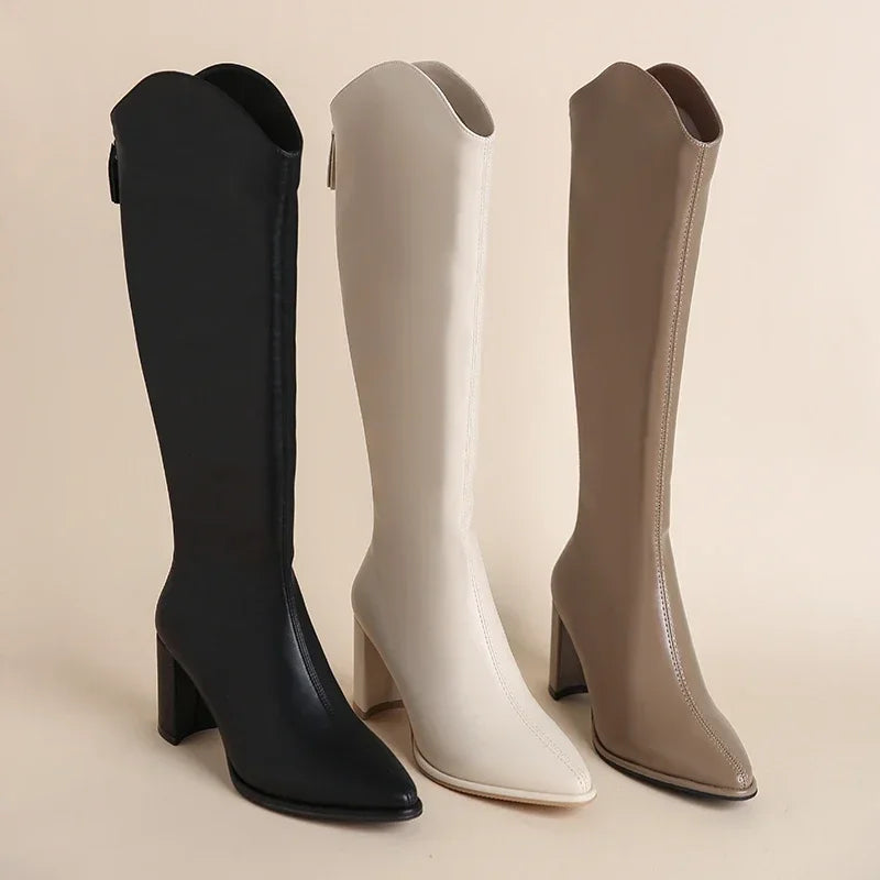 Women’s Knee High Boots with Block Heel and Side Zip