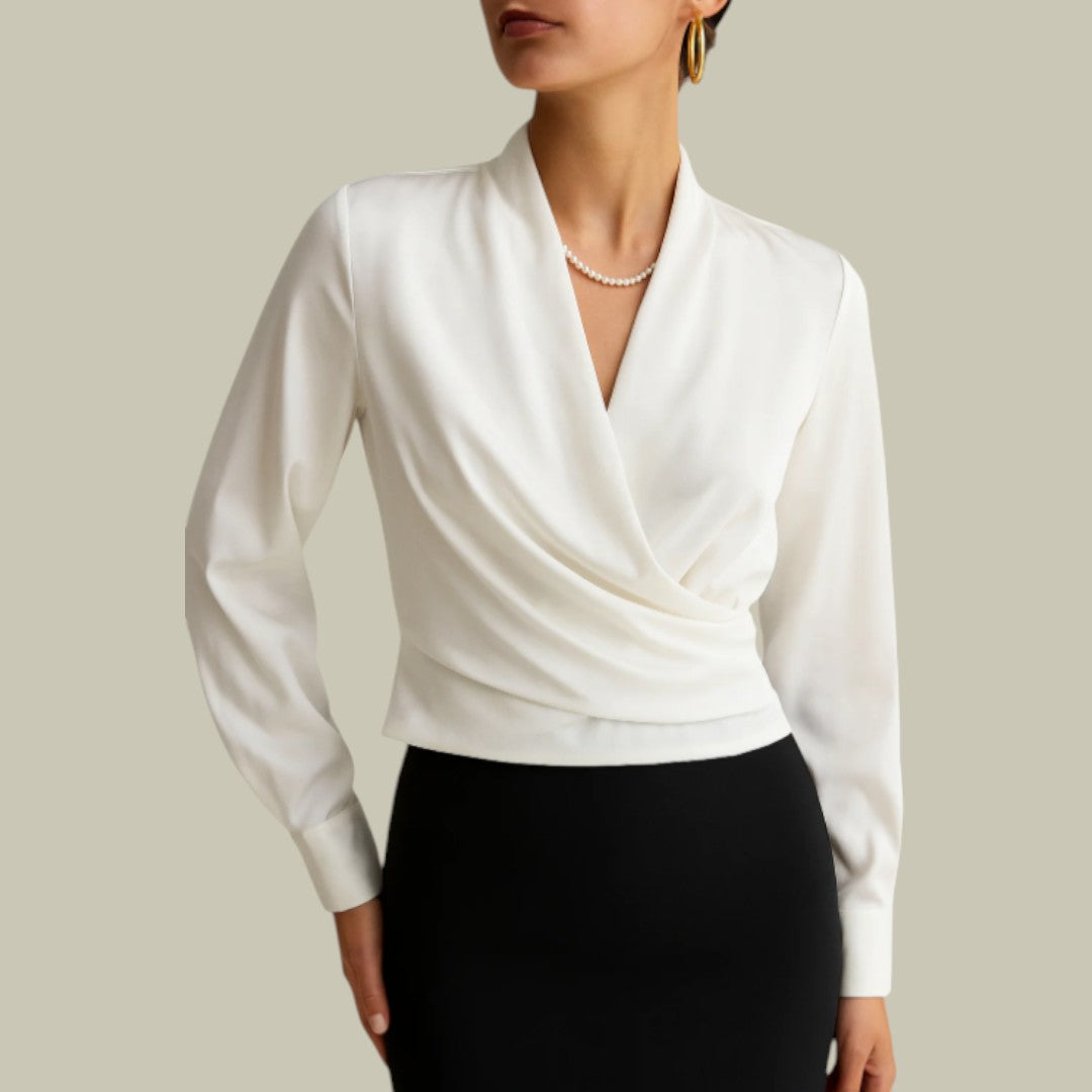 Sophia Collection | Women's White Blouse with V-Neck Satin Design 0