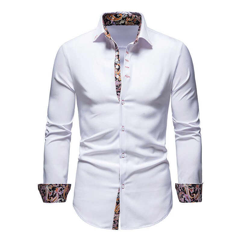 Stylish White Men's Dress Shirt with Floral Cuffs & Tailored Fit 0