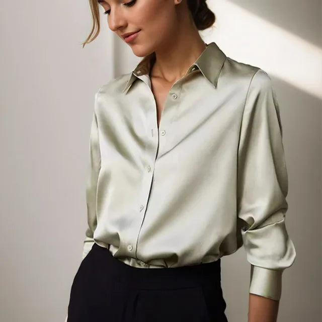 Willow | Women's White Satin Blouse with Classic Button-Down Design 0