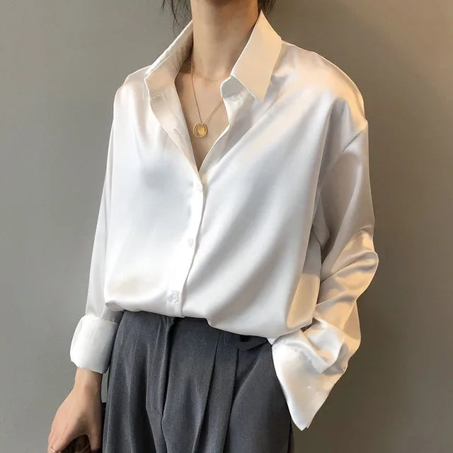 Willow | Women's White Satin Blouse with Classic Button-Down Design 1